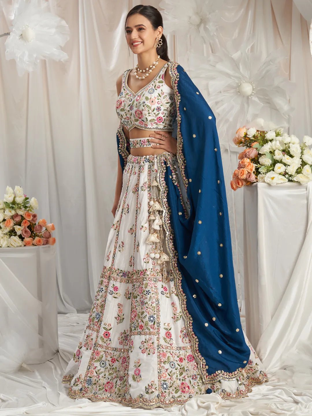 Gorgeous Off White & Blue Floral ACL - Indian Dress House 786