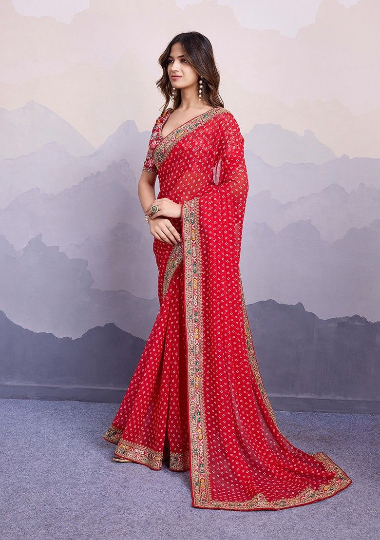 Gorgeous Red Bhandani STR Saree - Indian Dress House 786