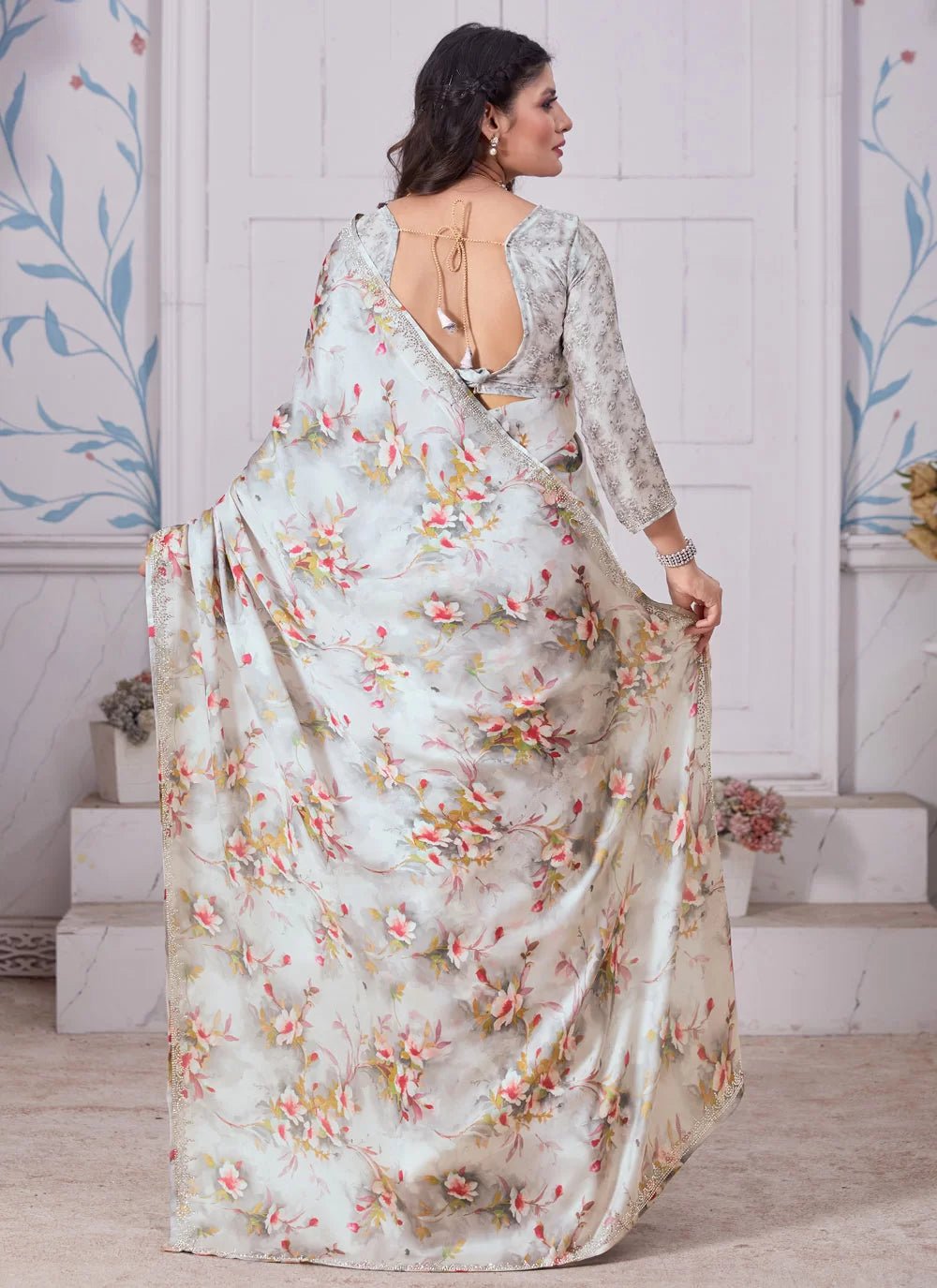 Gorgeous Unique Floral Cream MH 696 Saree - Indian Dress House 786