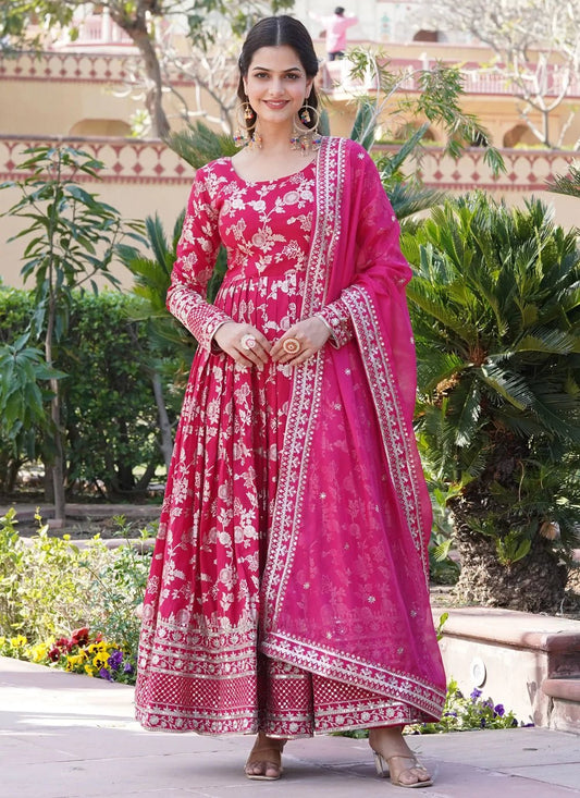 Hot Pink Floral ANM Gown - Indian Dress House 786