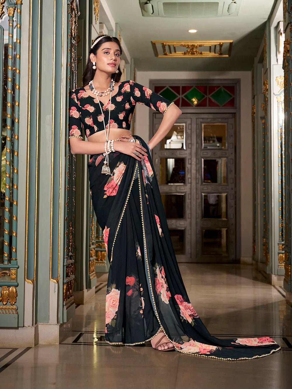 Midnight Black Rose YF Saree - Indian Dress House 786