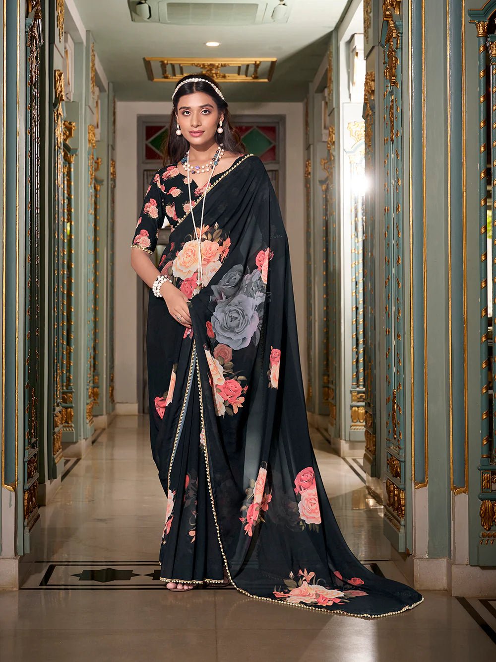 Midnight Black Rose YF Saree - Indian Dress House 786
