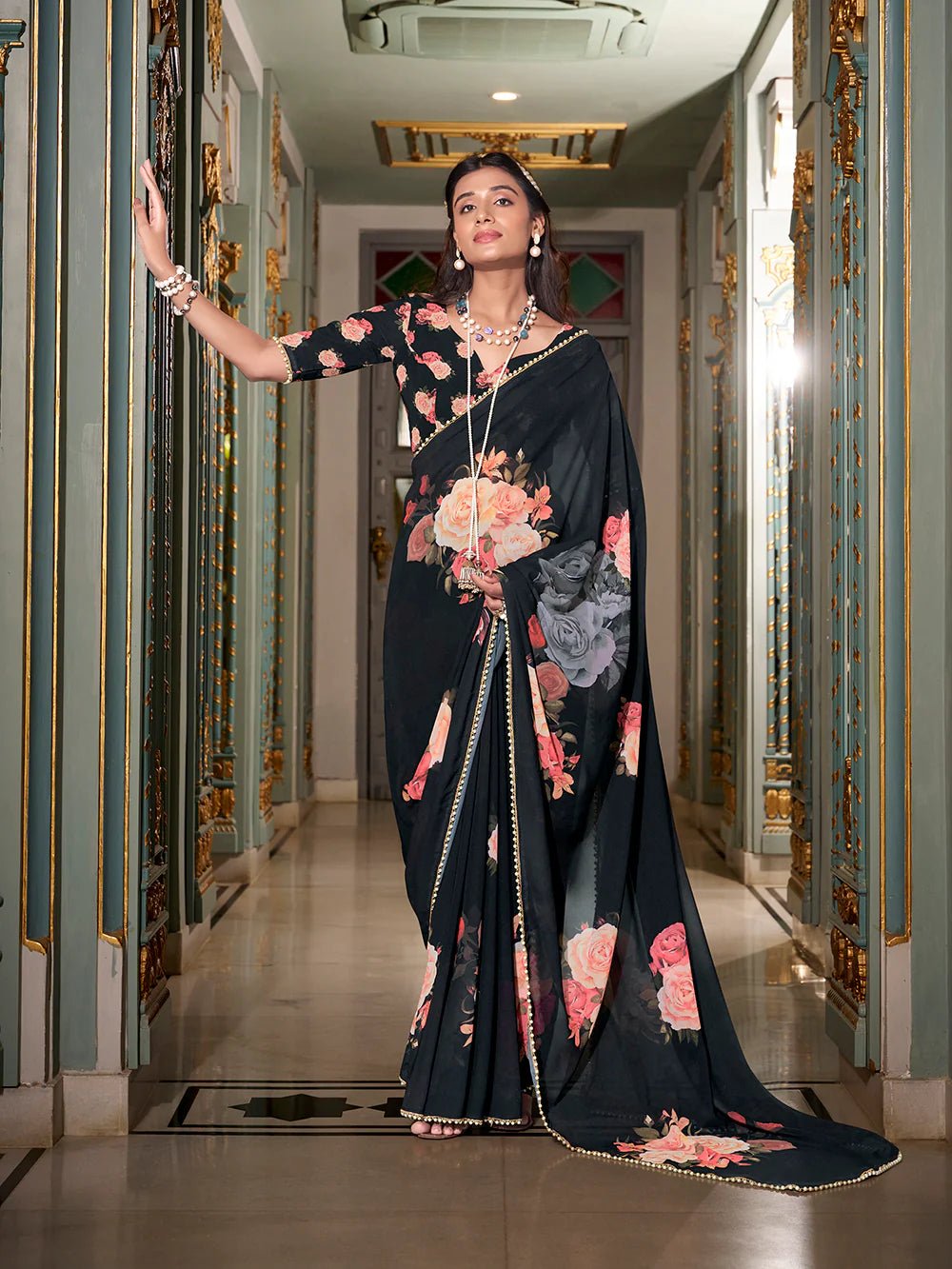 Midnight Black Rose YF Saree - Indian Dress House 786