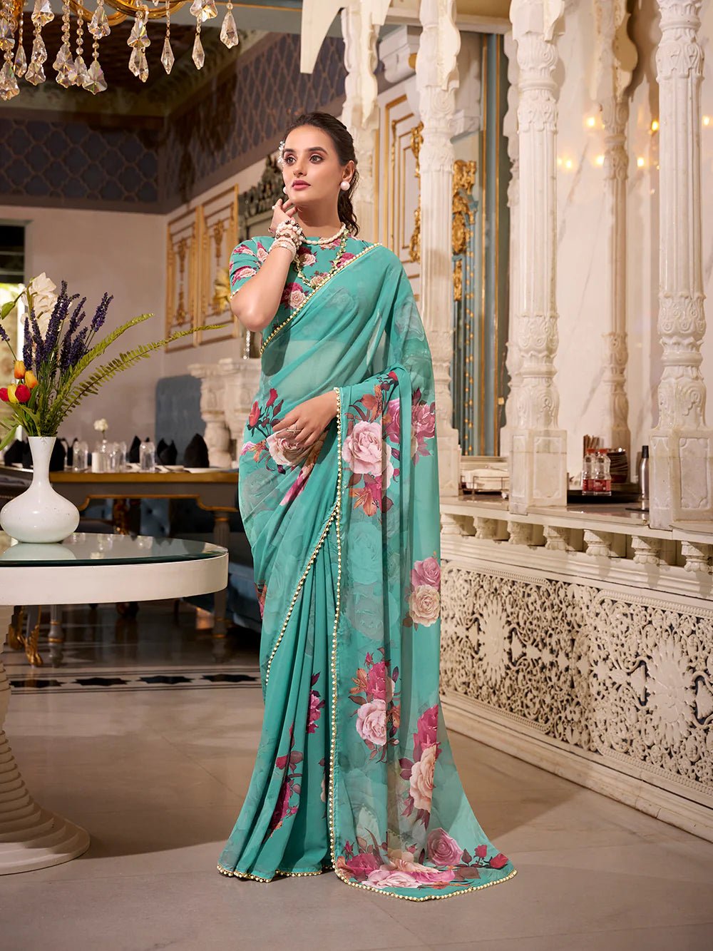Mint Green Floral Charm YF Saree - Indian Dress House 786