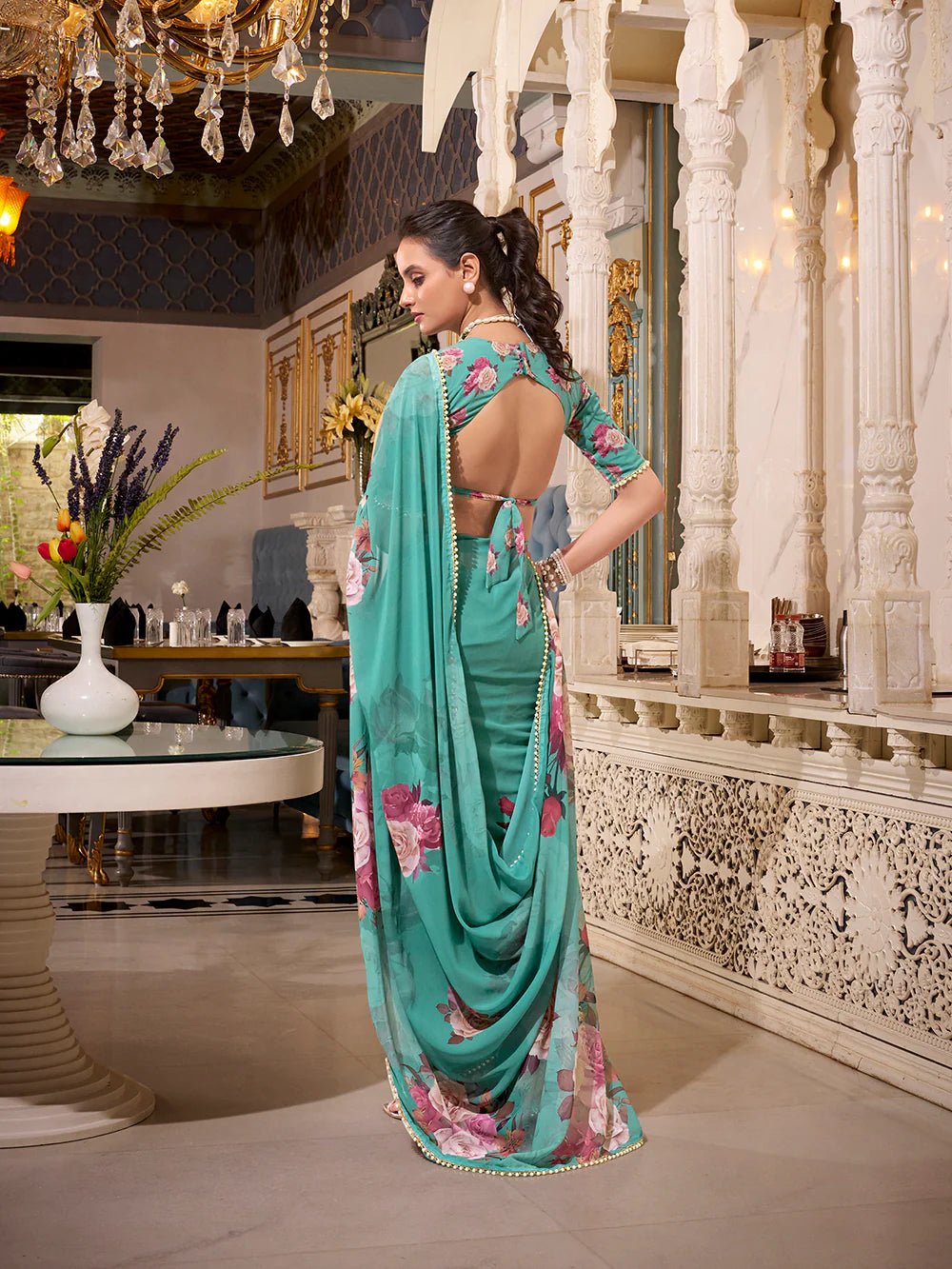 Mint Green Floral Charm YF Saree - Indian Dress House 786