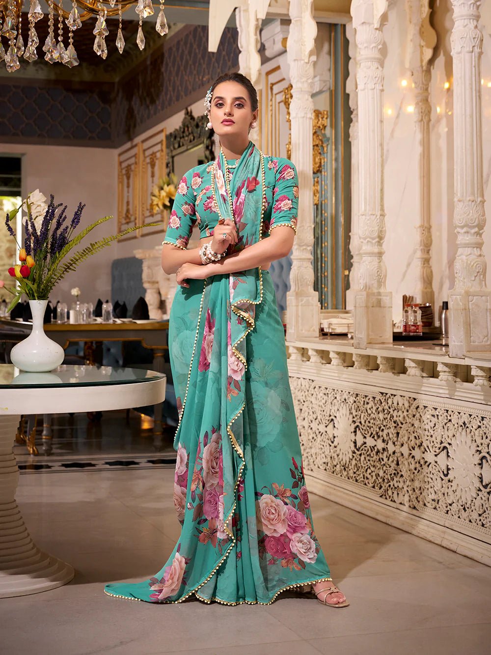 Mint Green Floral Charm YF Saree - Indian Dress House 786