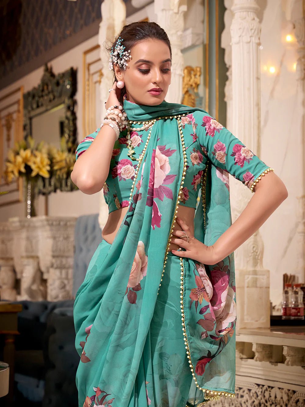 Mint Green Floral Charm YF Saree - Indian Dress House 786