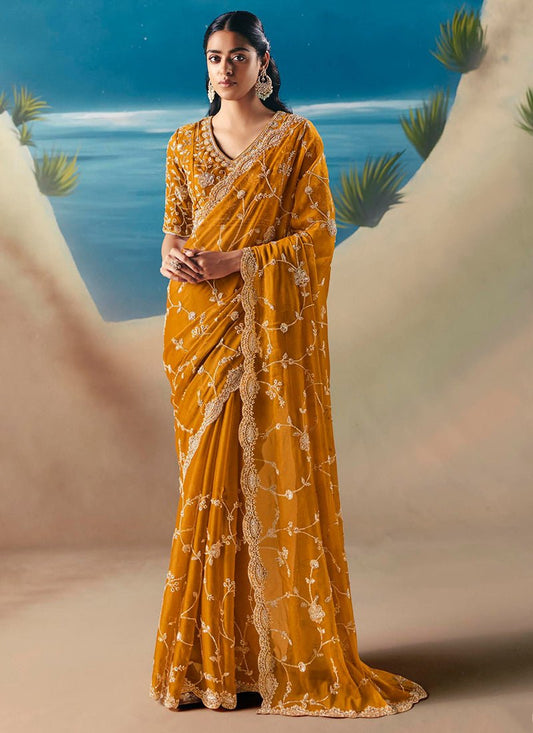 Mustard Floral KCH Saree - Indian Dress House 786