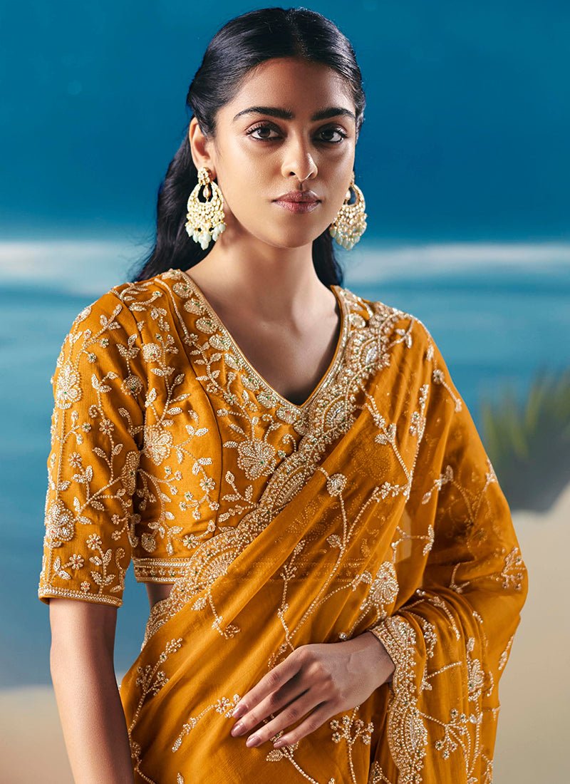 Mustard Floral KCH Saree - Indian Dress House 786