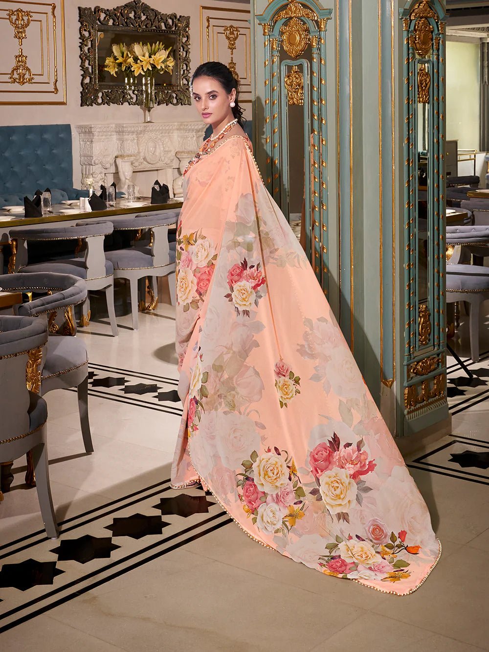 Pastel Peach Garden YF Saree - Indian Dress House 786