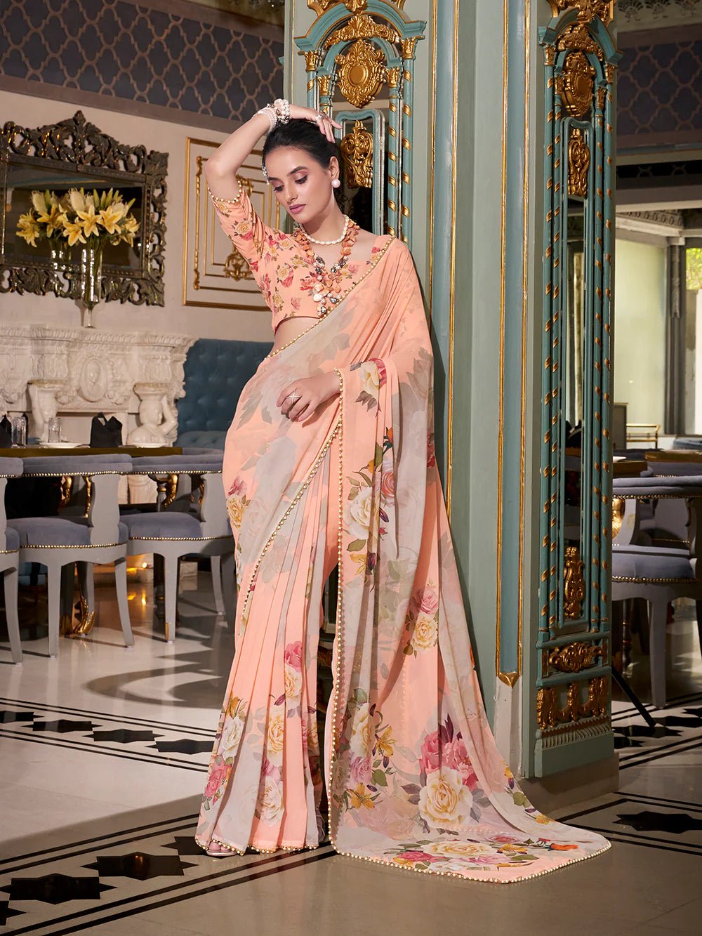 Pastel Peach Garden YF Saree - Indian Dress House 786
