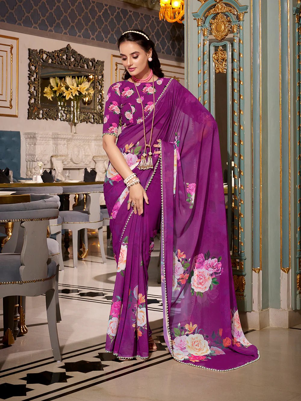 Plum Radiance Floral YF Saree - Indian Dress House 786