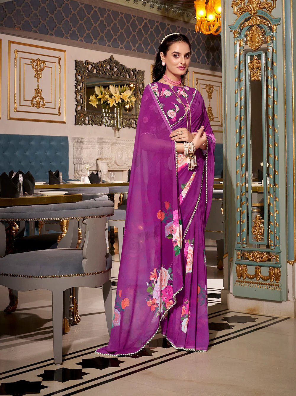 Plum Radiance Floral YF Saree - Indian Dress House 786