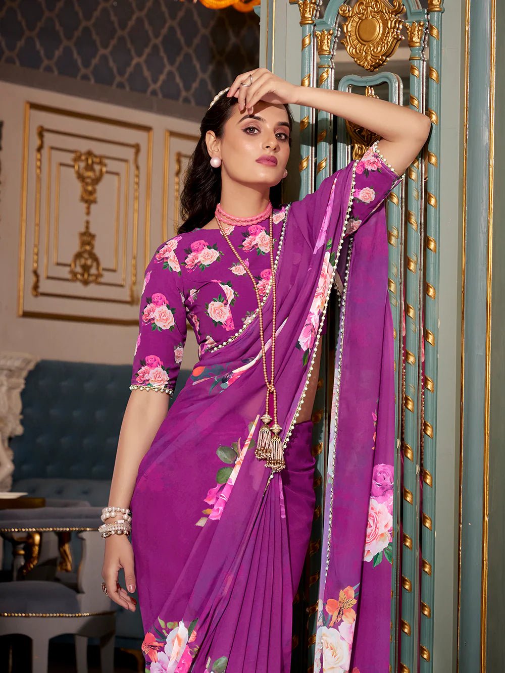 Plum Radiance Floral YF Saree - Indian Dress House 786