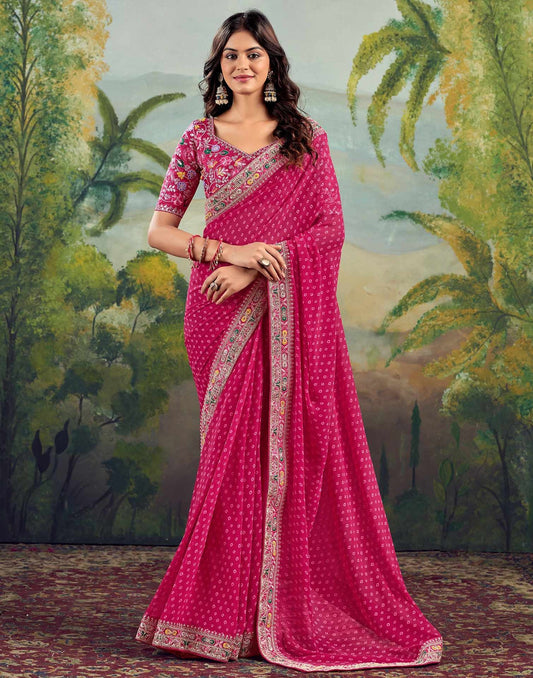 Rani Pink Bhandani STR Saree - Indian Dress House 786