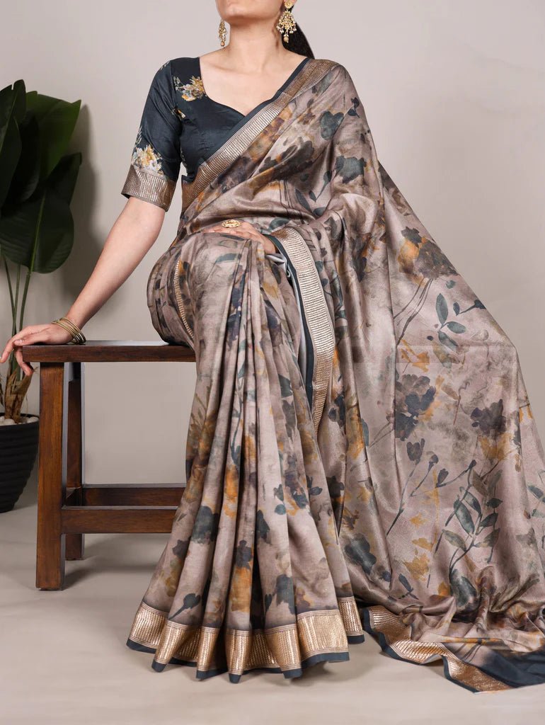 Ravishing Black & Brown Floral TYNF Saree - Indian Dress House 786
