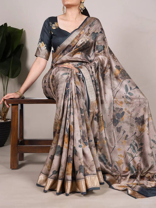 Ravishing Black & Brown Floral TYNF Saree - Indian Dress House 786