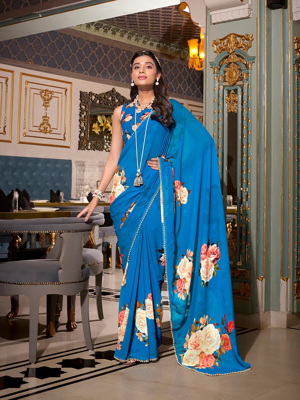 Royal Blue Blossom YF Saree - Indian Dress House 786