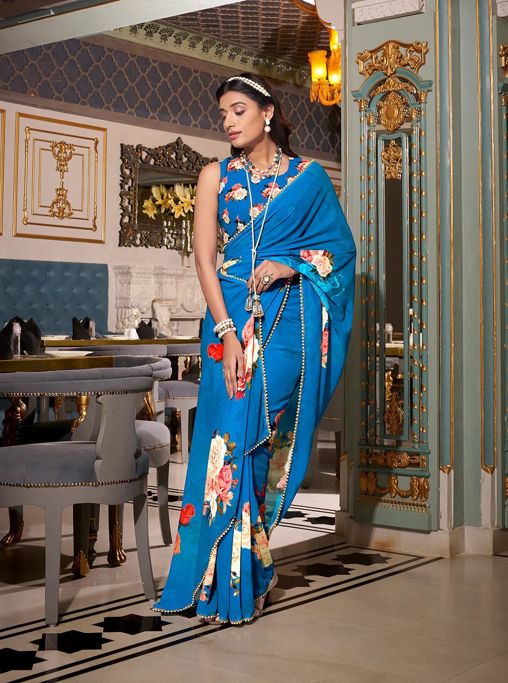Royal Blue Blossom YF Saree - Indian Dress House 786