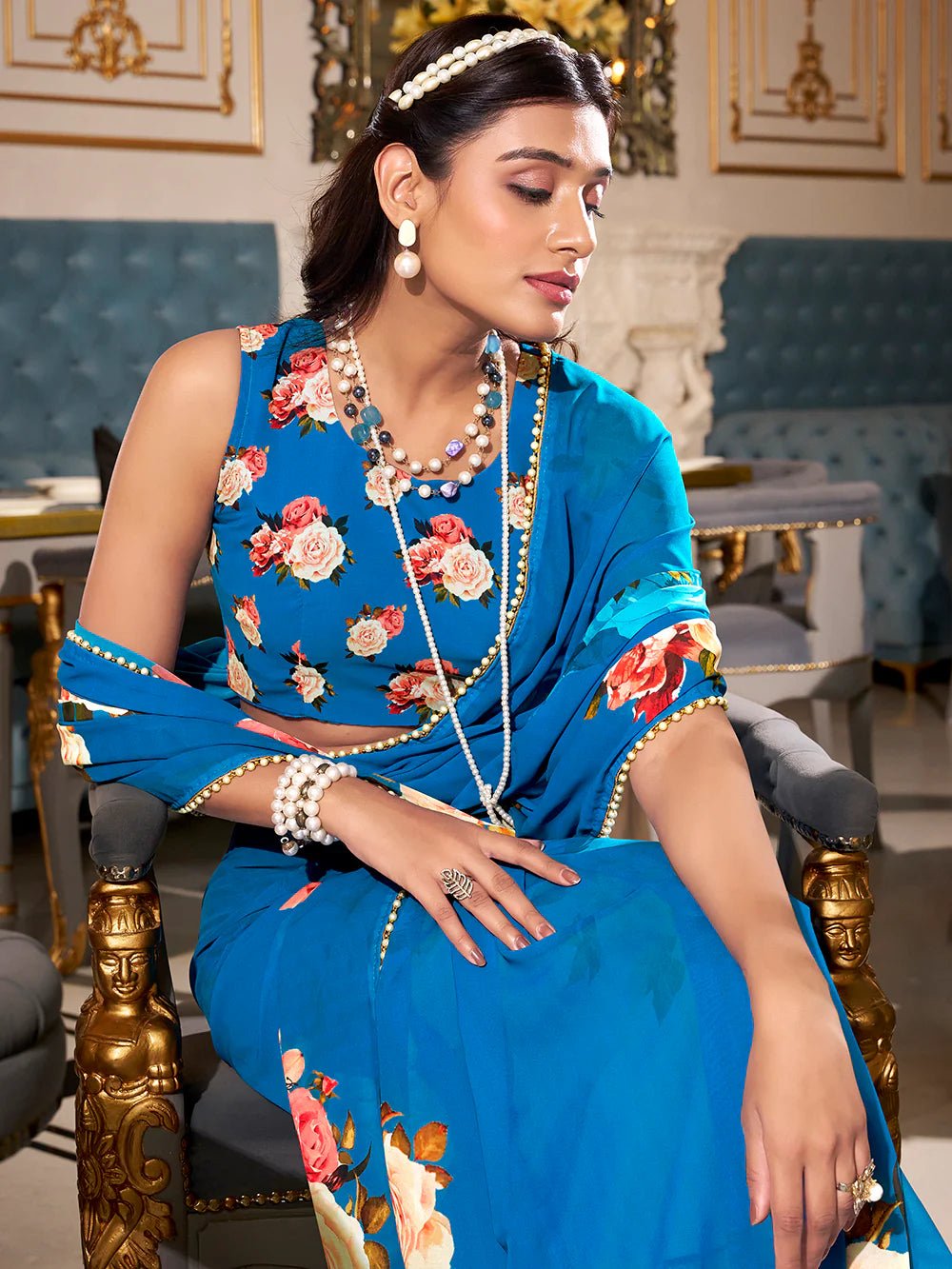 Royal Blue Blossom YF Saree - Indian Dress House 786