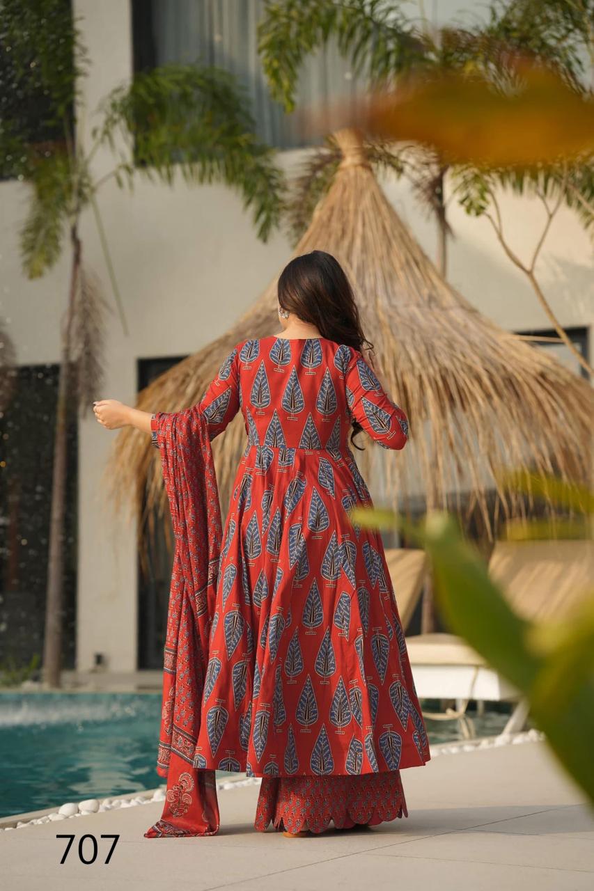 Rust Red Radiance Bold Leaf Motifs LC 707 FVD - Indian Dress House 786