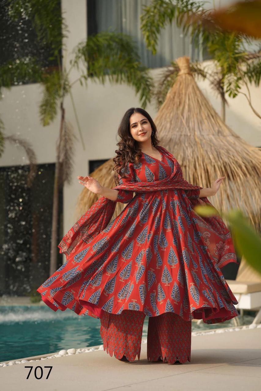 Rust Red Radiance Bold Leaf Motifs LC 707 FVD - Indian Dress House 786