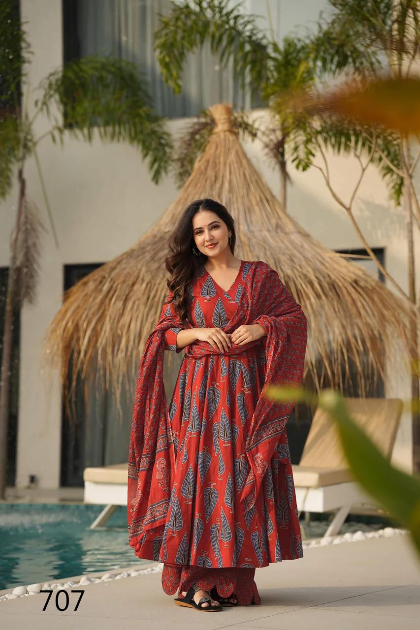 Rust Red Radiance Bold Leaf Motifs LC 707 FVD - Indian Dress House 786