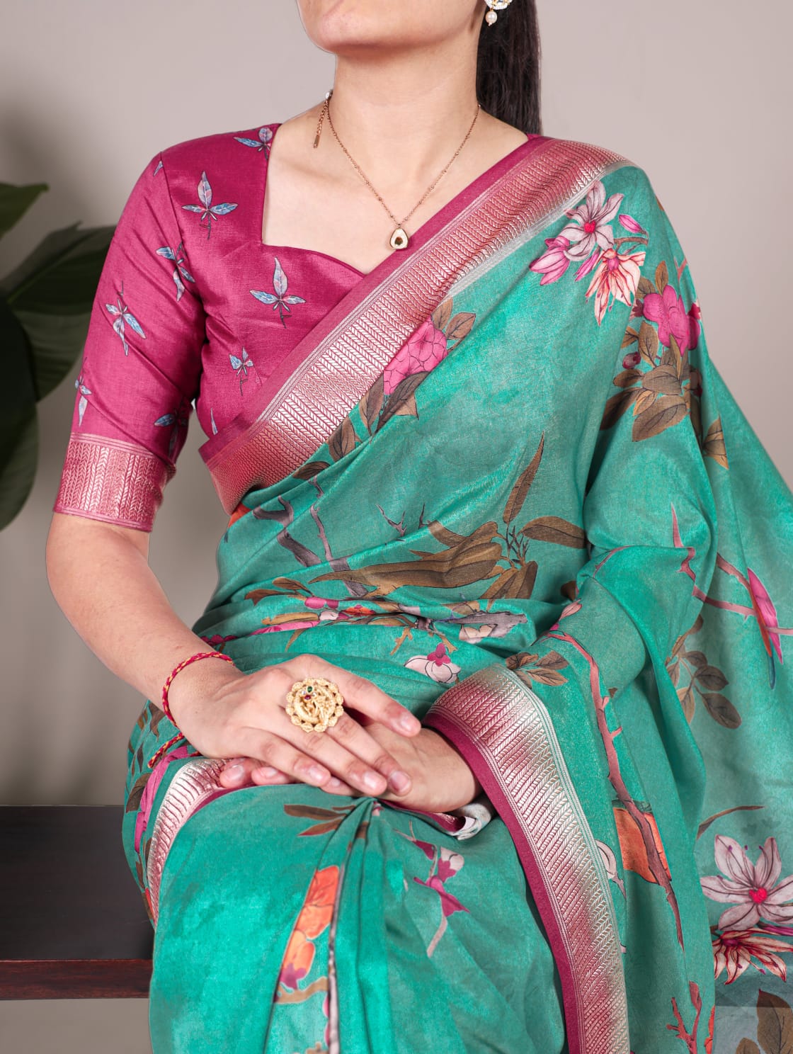 Sea Green Floral T YNF Saree - Indian Dress House 786