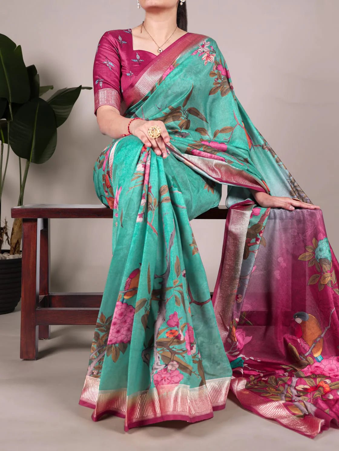 Sea Green Floral T YNF Saree - Indian Dress House 786