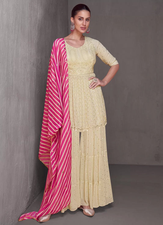 Soft Cream & Pink Sharara GKQ - Indian Dress House 786