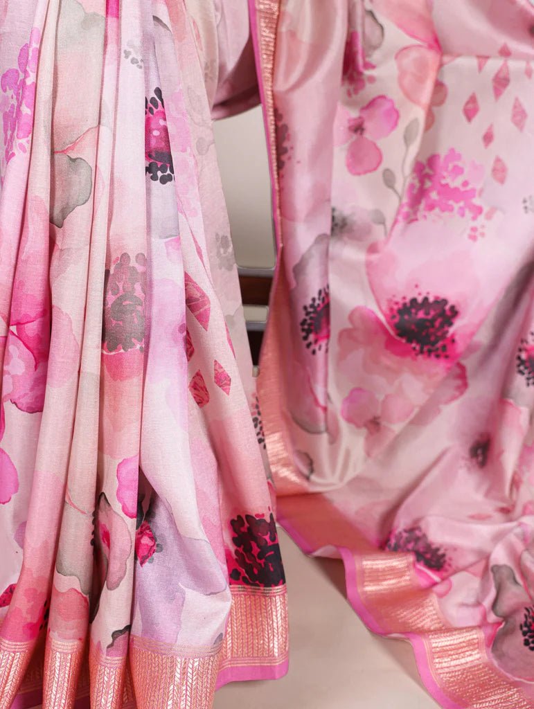 Soft Pastel Pink Floral TYNF Saree - Indian Dress House 786