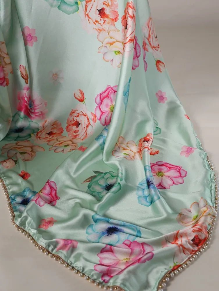 Soft Pastel Sea Green Floral BTS Saree - Indian Dress House 786