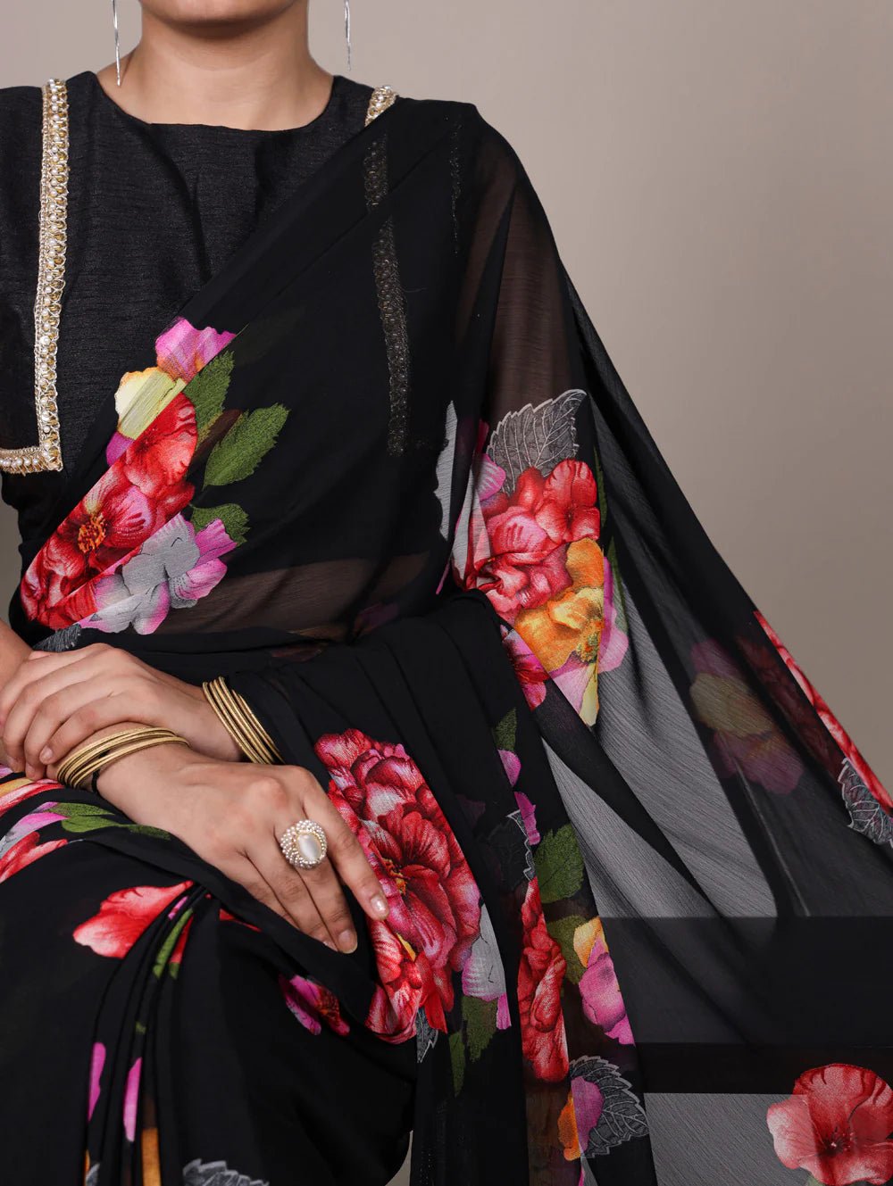 Stunning Black Floral YNF Saree - Indian Dress House 786