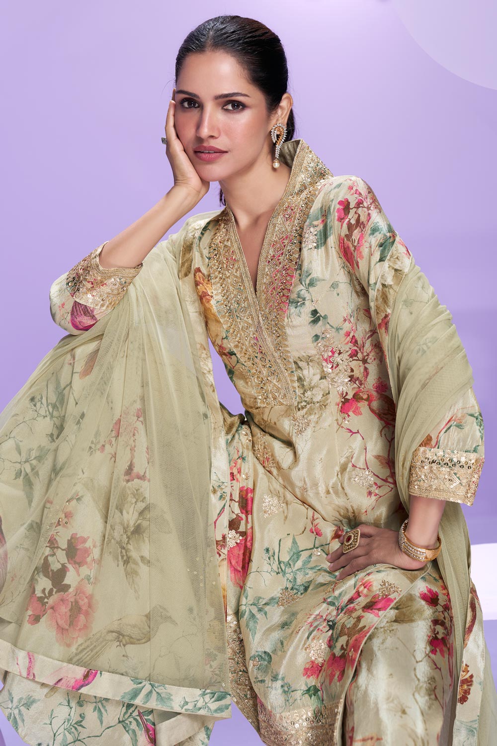 Stunning Floral Beige SYVA - Indian Dress House 786