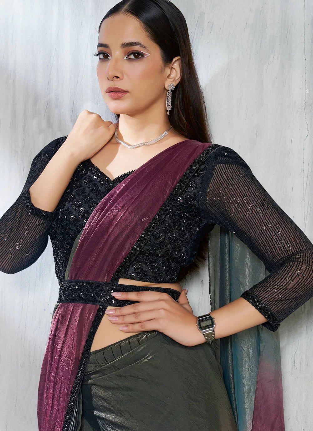 Stunning Grey & Purple TT MNS Saree - Indian Dress House 786