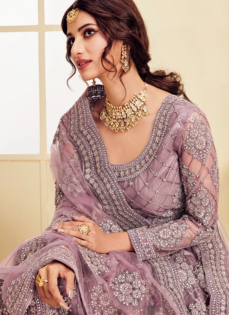 Stunning Purple Checkered Floral ALZL - Indian Dress House 786