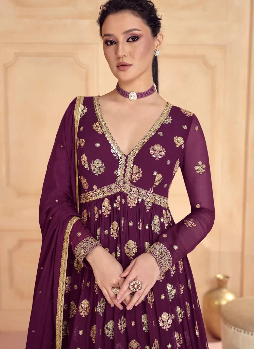 Stunning Purple Floral SAJ - Indian Dress House 786
