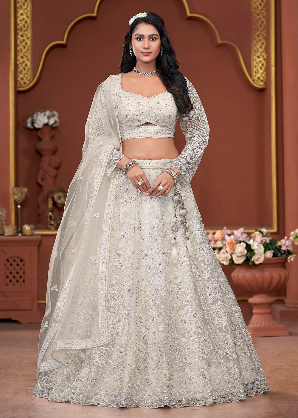 Stunning White Floral ANTL - Indian Dress House 786