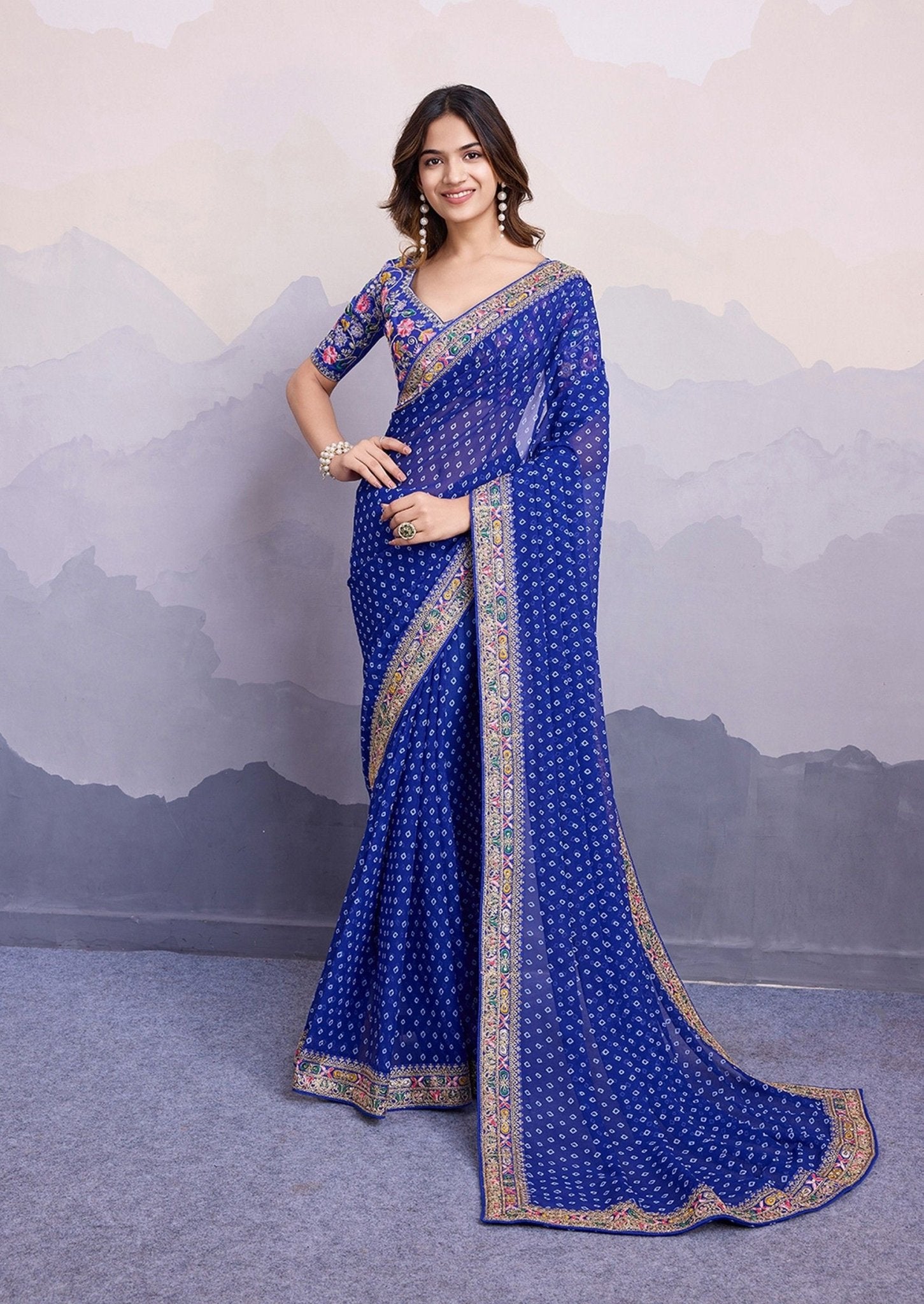 Stylish Blue Bhandani STR Saree - Indian Dress House 786