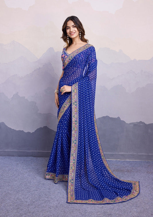 Stylish Blue Bhandani STR Saree - Indian Dress House 786