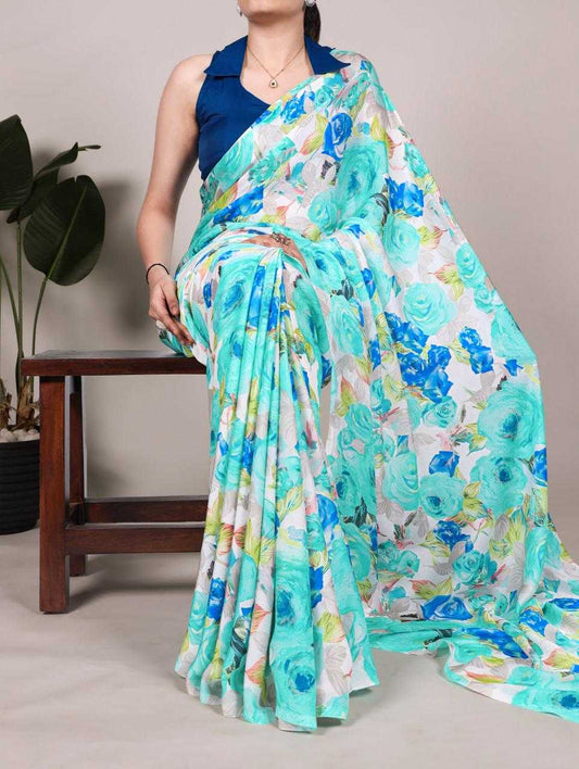 Stylish Floral Sky Blue Color YNF Saree - Indian Dress House 786