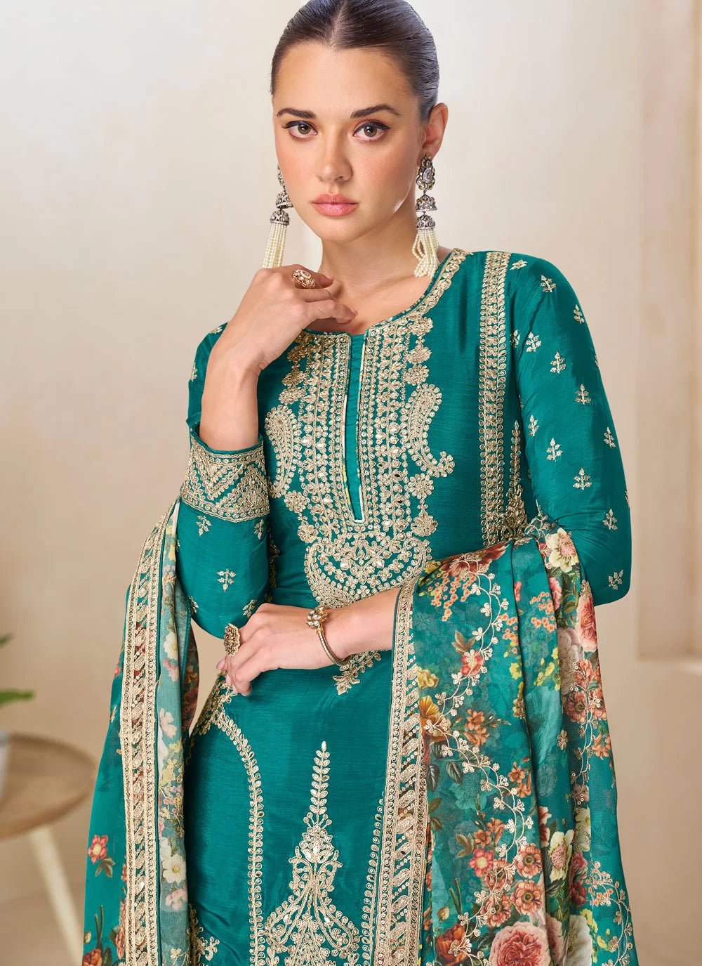 Stylish Floral Teal GPLS - Indian Dress House 786