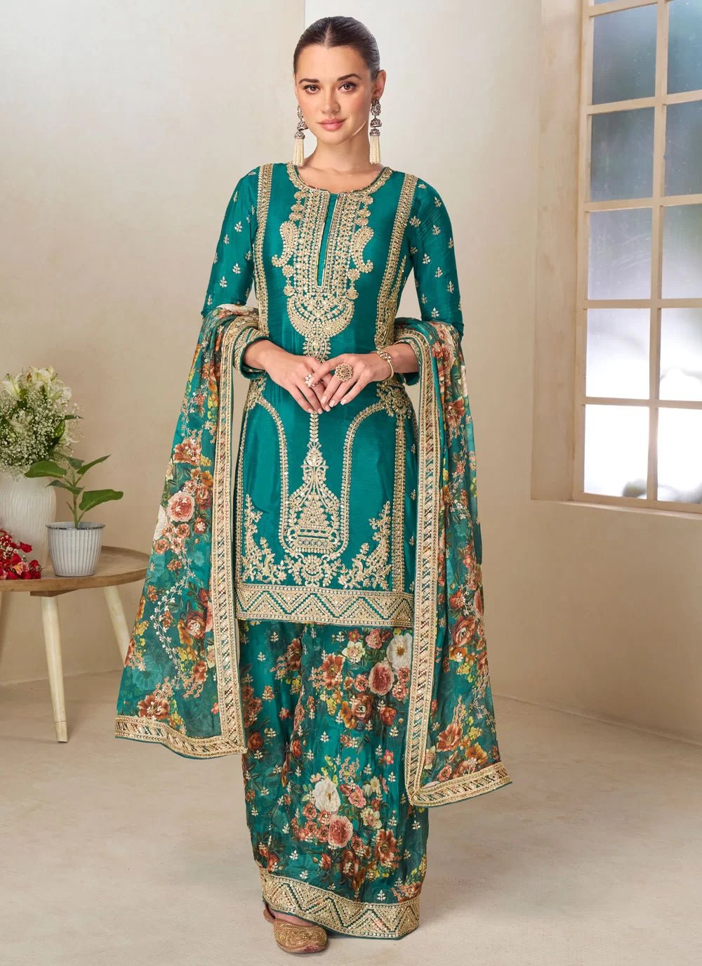 Stylish Floral Teal GPLS - Indian Dress House 786