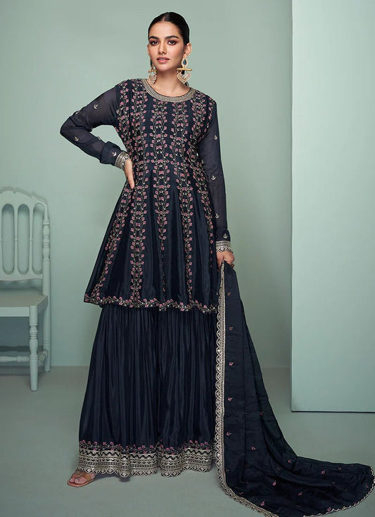 Stylish Navy Blue FloraL GKRS - Indian Dress House 786