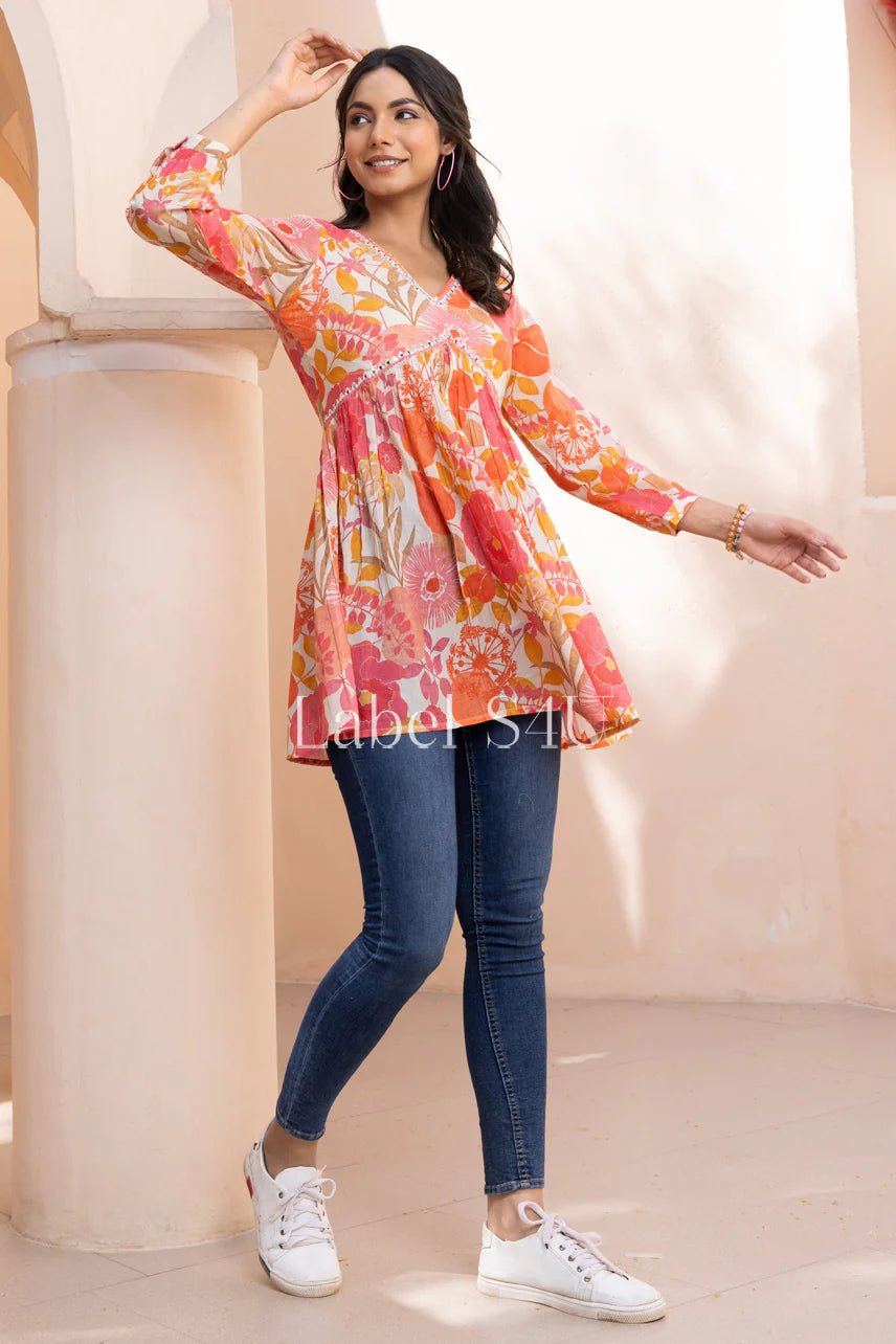 Summery Floral Multi Color Orange Cream S4UWP KT - Indian Dress House 786