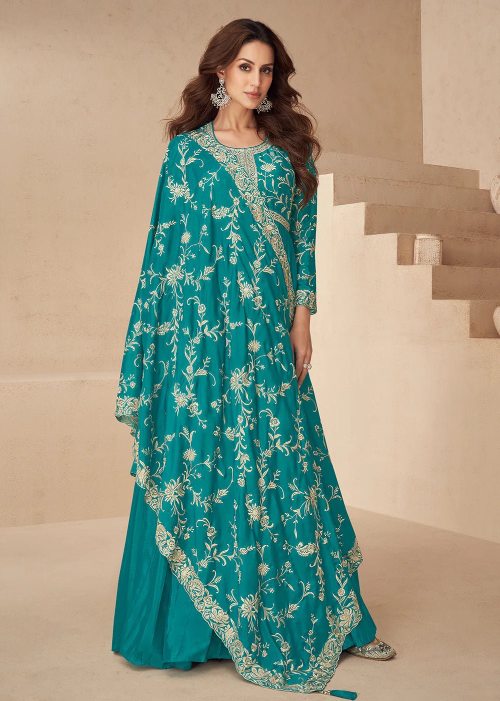 Turquoise Blue Floral AKSF - Indian Dress House 786