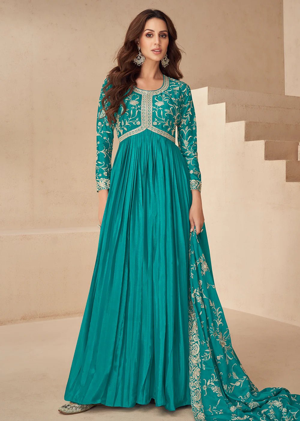 Turquoise Blue Floral AKSF - Indian Dress House 786