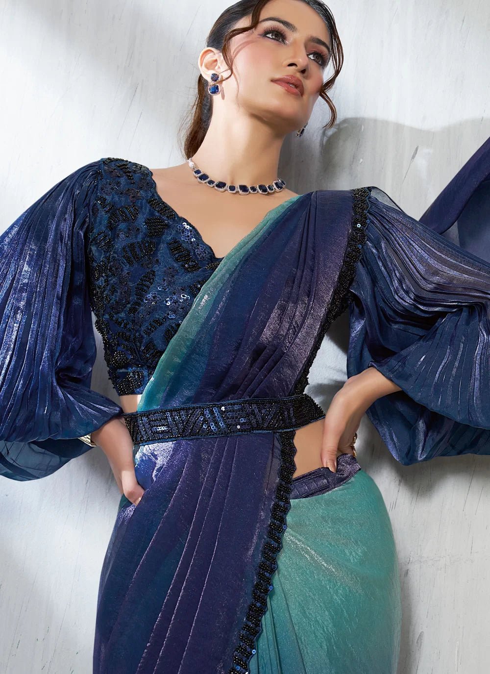 Two Tone Blue MNS Saree - Indian Dress House 786