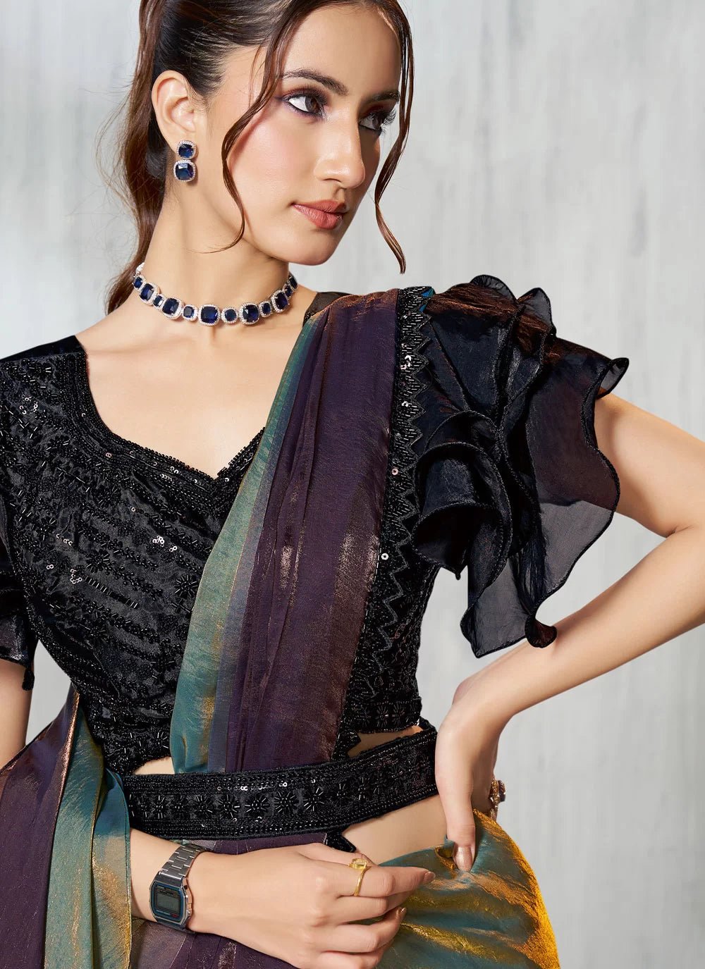 Two Tone Purple & Black MNS Saree - Indian Dress House 786