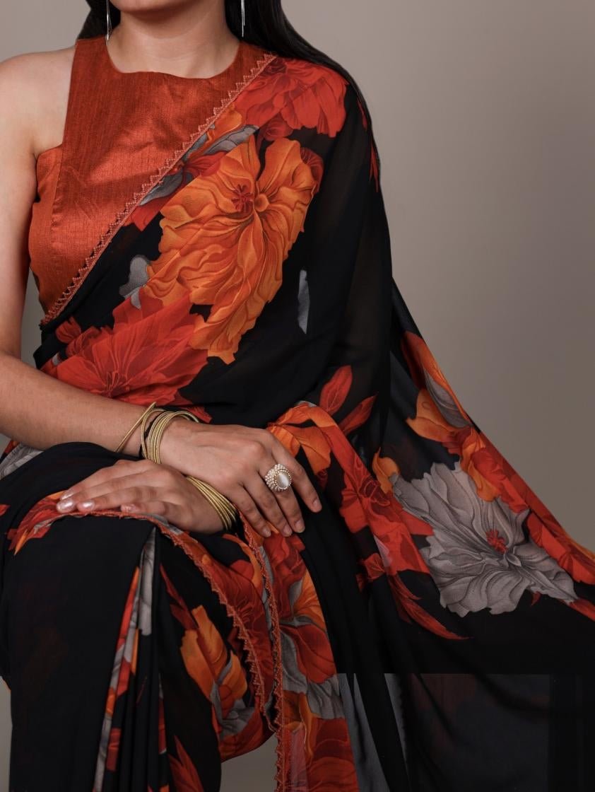 Unique Black & Fiery Floral YNF Saree - Indian Dress House 786